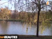 Barefoot brunette shows feet in public 2/16