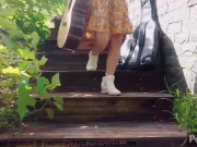 Shaved Asian Pussy with Big Clit Masturbates at the Outdoor Steps and Gets Creamy Squirt 1/16