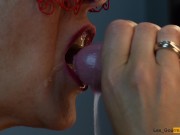 4K - MILF Slut masked with lipstick gives blowjob & gets all the cum on her tongue in close up 13/16