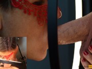 4K - MILF Slut masked with lipstick gives blowjob & gets all the cum on her tongue in close up 3/16