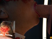 4K - MILF Slut masked with lipstick gives blowjob & gets all the cum on her tongue in close up 5/16