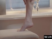 Watch her shaving her legs then fingering her sexy smooth pussy 2/16