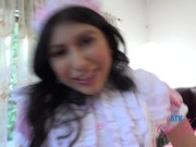 Maid Penelope Woods in uniform sucks on cock then stroked it with feet GFE POV 2/16