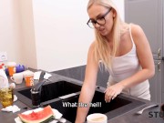 STUCK4K. Lucky stud fucks female friend's tight pussy in the kitchen 3/16