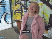 Public Agent amatuer teen with short blonde hair chatted up at busstop and taken to basement to get fucked by big dick 5/16