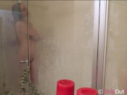 Small titted cutie fingers and toys her tight pussy in the shower 5/16