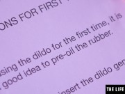 Petite beauty oils up a big dildo and fucks herself to an orgasm 2/16