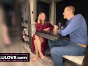 Babe sits with legs spread & robe open, big boobs and pussy out chatting with husband about life behind the porn - Lelu Love 5/16
