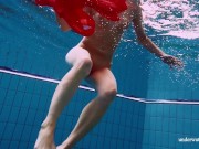 Red long dress and big tits floating in the pool 10/16