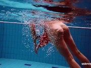 Red long dress and big tits floating in the pool 11/16