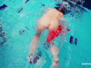 Red long dress and big tits floating in the pool 14/16