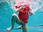 Red long dress and big tits floating in the pool 3/16