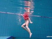 Red long dress and big tits floating in the pool 4/16