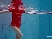 Red long dress and big tits floating in the pool 5/16