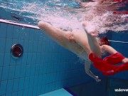 Red long dress and big tits floating in the pool 8/16