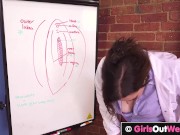 Big boobed sex teacher fingers her pink pussy and plays with vibrator 3/16