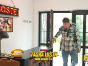 Fake Hostel - Tasha Lustn gets horny watching a dude masturbate and sits her small ass on his face before sliding onto cock 1/16