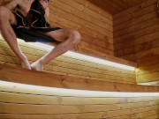 SAUNA ADVENTURE PT1: I show my hard cock to three people in the sauna 2/16
