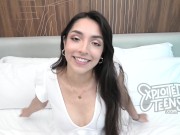 This POV features a sexy Latina teen with some hair on her pussy 1/16