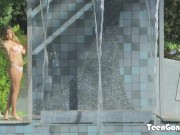 Busty blonde teen takes his cock deep then swallows his load 1/16