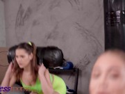 Fitness Rooms All girl threesome at the gym pussy eating and fingering orgasms with small tits teen 1/16