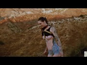 Inked sexy desert bound sub awaits earthly domination pleasure and flogging then rims her powerful doms ass 2/16