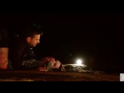 Horny bound BDSM lover in night time anal pleasure scene by the crackling fire pit for sub beauty 15/16