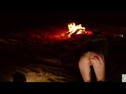 Horny bound BDSM lover in night time anal pleasure scene by the crackling fire pit for sub beauty 4/16