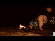 Horny bound BDSM lover in night time anal pleasure scene by the crackling fire pit for sub beauty 6/16