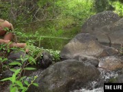 Gorgeous brunette fucks her wet pussy and tight ass outdoors 4/16