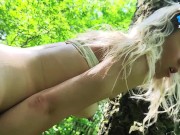 Sexy fit blonde sucked and gave in young hairy pussy in forest to her former classmate 15/16