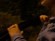 Hot brunette sucks friend's dick outside car in public after party 1/16