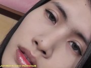 Busty ladyboy in fishnet stockings enjoys masturbating solo in bed 10/16