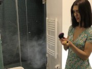 Sexy and horny petite skinny girl in a short summer dress shows legs and her panties but she also goes no panties and without 13/16