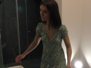 Sexy and horny petite skinny girl in a short summer dress shows legs and her panties but she also goes no panties and without 6/16