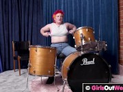 Hirsute drummer with big clitoris uses her sticks to get off 3/16
