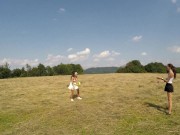 No Panties No Bra Girls Play Outdoors in the Wild to show Boobs and Pussy on a Summer Day 8/16