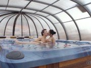 OLD4K. Brunette practices bonking with older man in all poses by pool 2/16