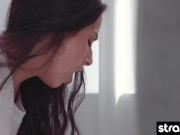 Sexy lesbian coeds in shiny nylons ride a big strap on cock 11/16